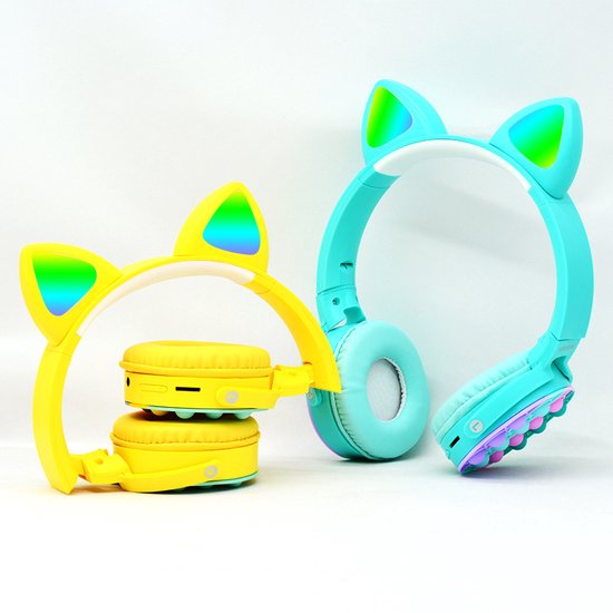 Casque Kinder - casque chat jaune, Casque Bluetooth sans fil avec oreilles  de chat