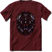 Leeuw - Dieren Mandala T-Shirt | Paars | Grappig Verjaardag Zentangle Dierenkop Cadeau Shirt | Dames - Heren - Unisex | Wildlife Tshirt Kleding Kado | - Burgundy - XXL