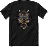 Uil - Dieren Mandala T-Shirt | Geel | Grappig Verjaardag Zentangle Dierenkop Cadeau Shirt | Dames - Heren - Unisex | Wildlife Tshirt Kleding Kado | - Zwart - L