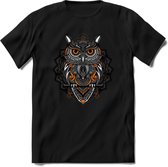 Uil - Dieren Mandala T-Shirt | Oranje | Grappig Verjaardag Zentangle Dierenkop Cadeau Shirt | Dames - Heren - Unisex | Wildlife Tshirt Kleding Kado | - Zwart - XXL