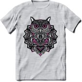 Uil - Dieren Mandala T-Shirt | Roze | Grappig Verjaardag Zentangle Dierenkop Cadeau Shirt | Dames - Heren - Unisex | Wildlife Tshirt Kleding Kado | - Licht Grijs - Gemaleerd - XXL