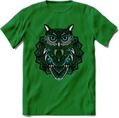 Uil - Dieren Mandala T-Shirt | Lichtblauw | Grappig Verjaardag Zentangle Dierenkop Cadeau Shirt | Dames - Heren - Unisex | Wildlife Tshirt Kleding Kado | - Donker Groen - XL