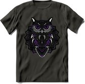 Uil - Dieren Mandala T-Shirt | Paars | Grappig Verjaardag Zentangle Dierenkop Cadeau Shirt | Dames - Heren - Unisex | Wildlife Tshirt Kleding Kado | - Donker Grijs - XL