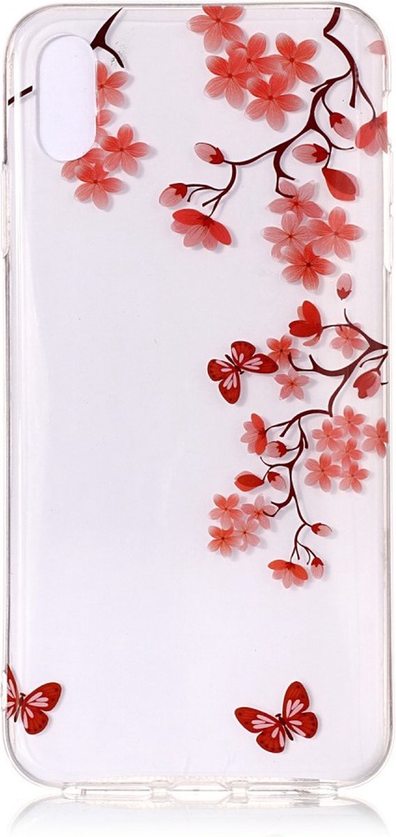 Peachy Bloesentak met vlinders Soepel TPU hoesje geschikt voor iPhone XS Max - Rood