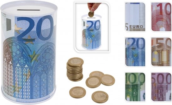 Spaarpot met een afbeelding van een 20 eurobiljet, met munten.