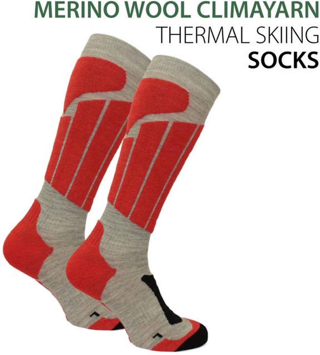 Norfolk Skisokken - 1 paar - Merino wol Climayarn - Warm en Droog Thermo Skisokken met Zonedemping - Maat 43-46 - Rood - Aspen