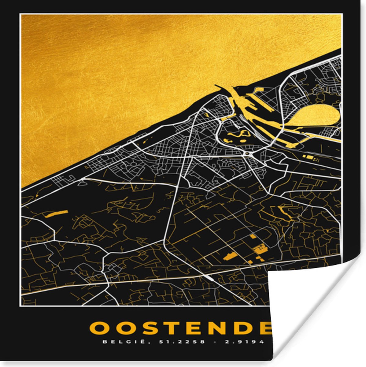 Poster Stadskaart Oostende Plattegrond Goud Kaart 50x50 cm
