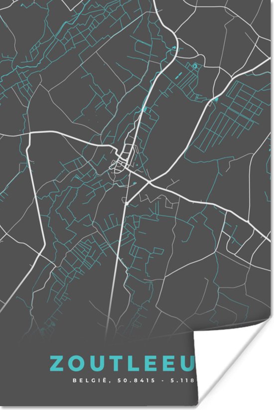 Poster België - Zoutleeuw - Plan de la ville - Carte - Blauw - Carte - 120x180 cm XXL