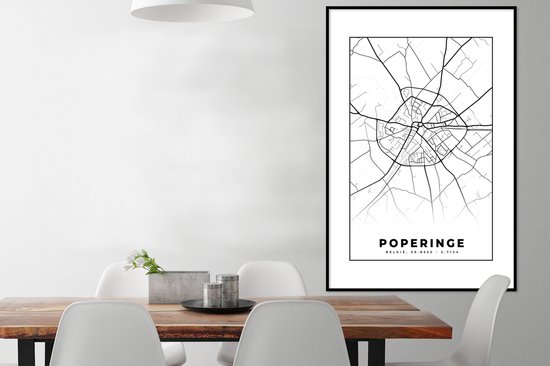 Fotolijst incl. Poster Zwart Wit- België – Poperinge – Stadskaart – Kaart – Zwart Wit – Plattegrond - 80x120 cm - Posterlijst