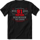 91 Jaar Legend -  kado T-Shirt Heren / Dames - Zilver / Rood - Perfect Verjaardag Cadeau Shirt - grappige Spreuken, Zinnen en Teksten. Maat XXL