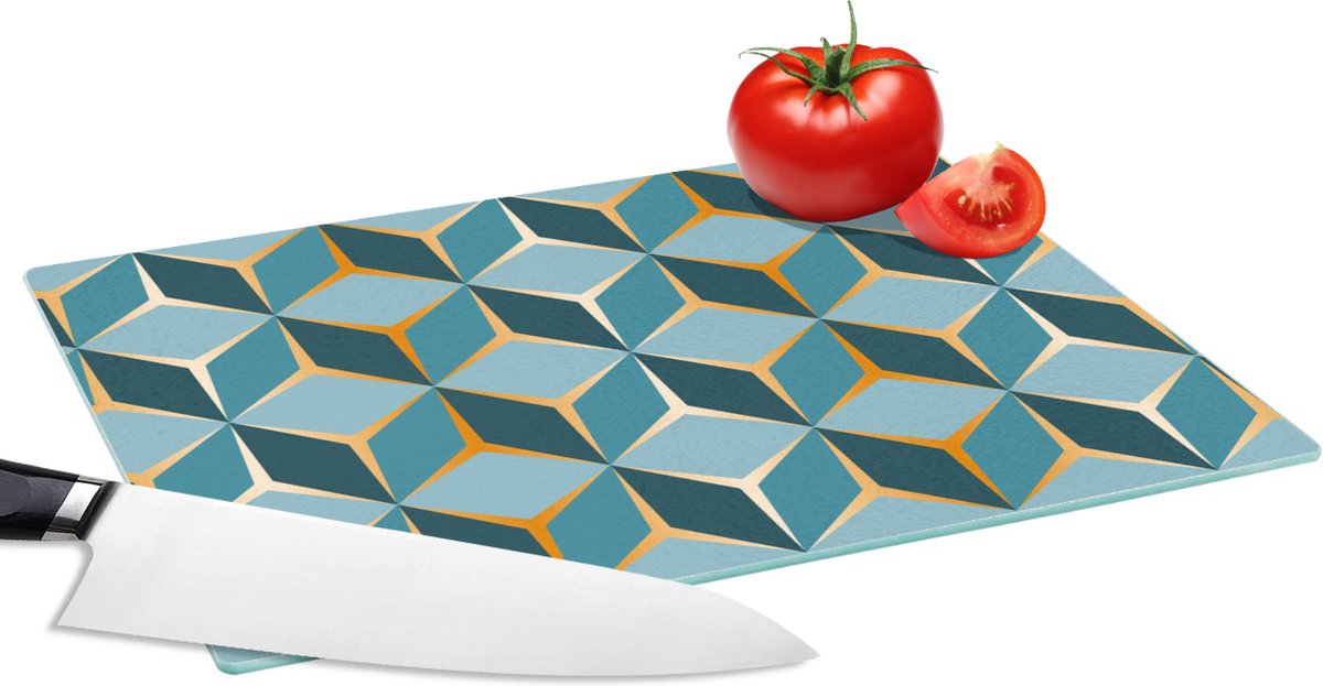 Glazen Snijplank - 28x20 - Goud - Blauw - Patroon - Snijplanken Glas