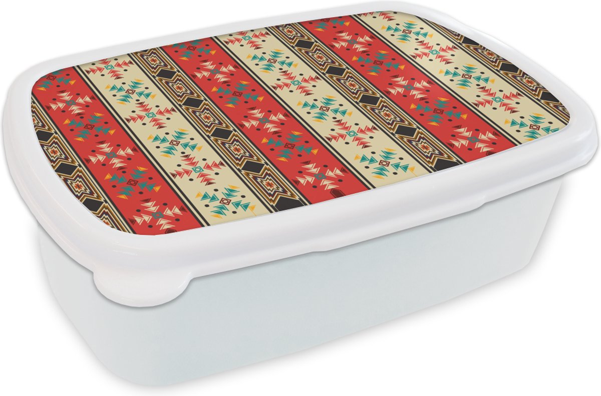 Broodtrommel Wit - Lunchbox - Brooddoos - Indianen - Patronen - Abstract - 18x12x6 cm - Volwassenen