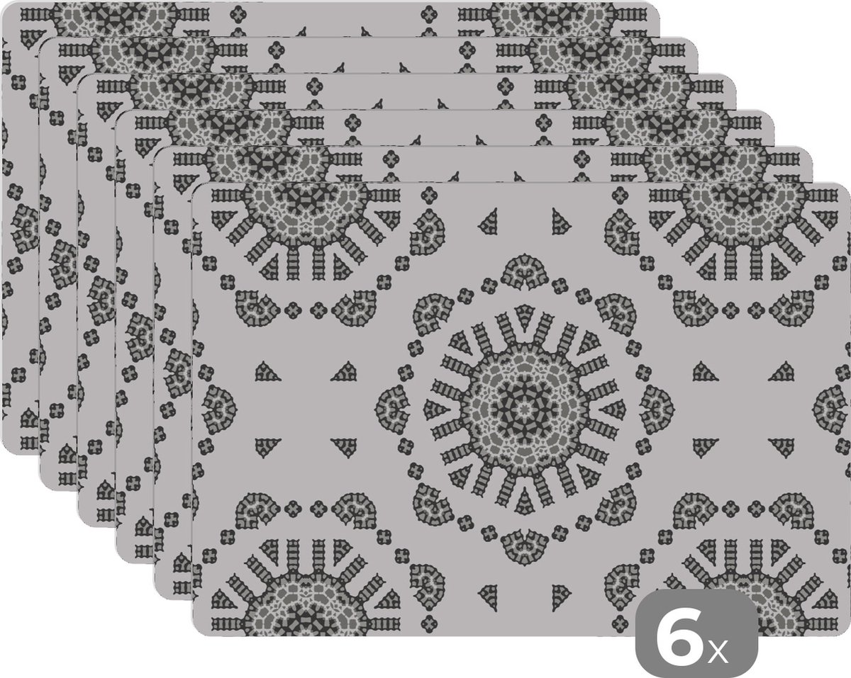 Placemat - Placemats kunststof - Mandala - Patronen - Zwart Wit - 45x30 cm - 6 stuks - Hittebestendig - Anti-Slip - Onderlegger - Afneembaar