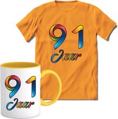 91 Jaar Vrolijke Verjaadag T-shirt met mok giftset Geel | Verjaardag cadeau pakket set | Grappig feest shirt Heren – Dames – Unisex kleding | Koffie en thee mok | Maat L