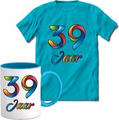 39 Jaar Vrolijke Verjaadag T-shirt met mok giftset Blauw | Verjaardag cadeau pakket set | Grappig feest shirt Heren – Dames – Unisex kleding | Koffie en thee mok | Maat L