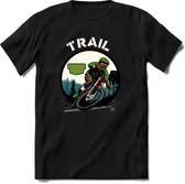 Trail | TSK Studio Mountainbike kleding Sport T-Shirt | Groen - Oranje | Heren / Dames | Perfect MTB Verjaardag Cadeau Shirt Maat 3XL