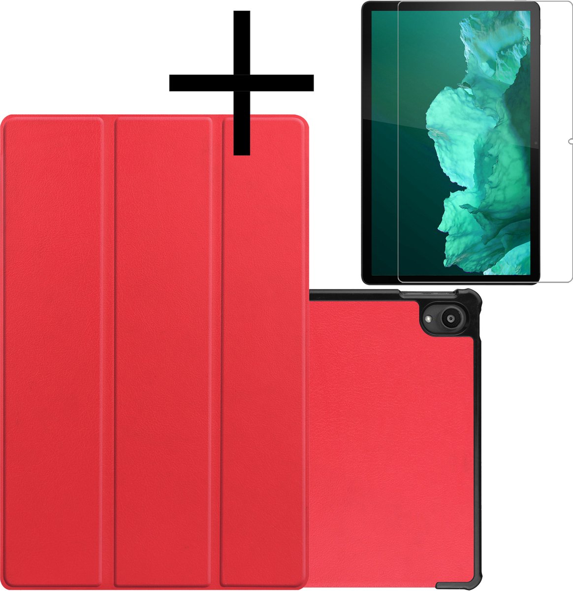 Hoes - Geschikt voor Lenovo Tab P11 - Met Screenprotector - Trifold Bookcase - Hard Cover - Hardcover Book Case - Tablet Hoesje - Rood