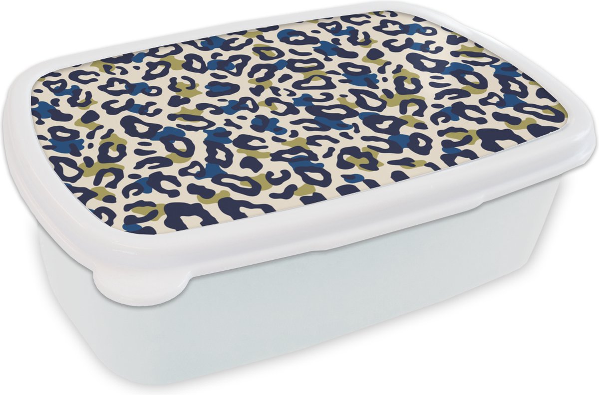 Broodtrommel Wit - Lunchbox - Brooddoos - Panter - Design - Blauw - Groen - 18x12x6 cm - Volwassenen