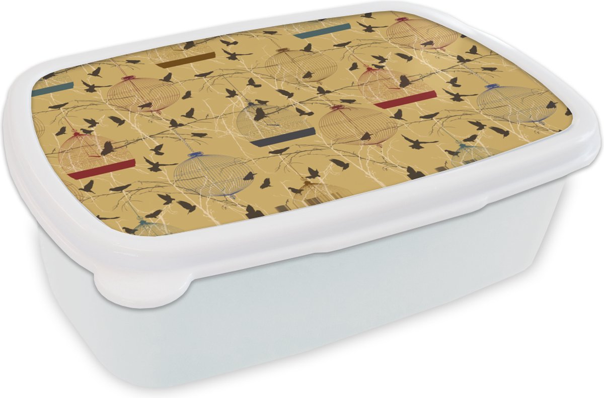Broodtrommel Wit - Lunchbox - Brooddoos - Vogelkooi - Vogel - Patronen - 18x12x6 cm - Volwassenen