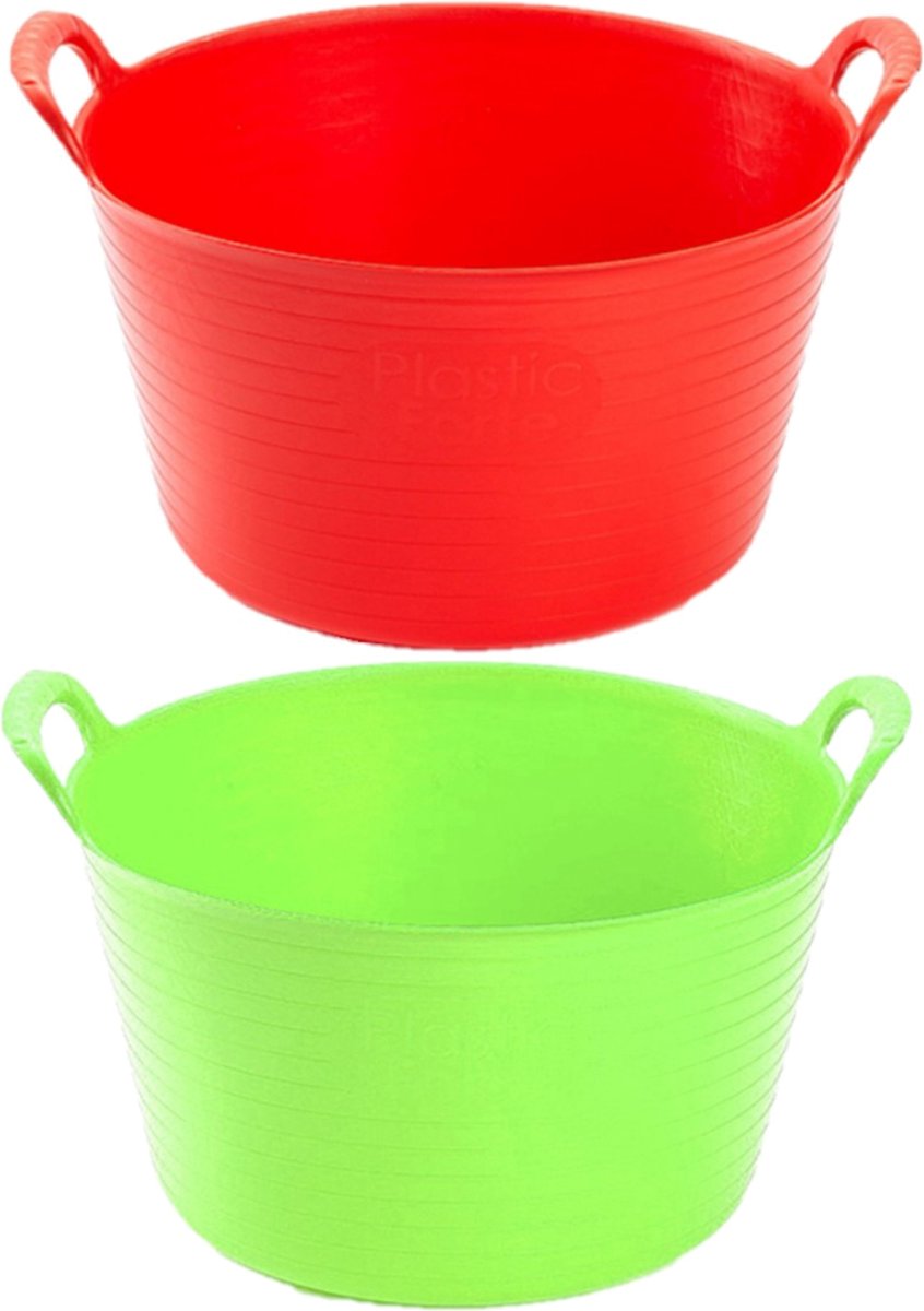 Voordeelset van 2x stuks kunststof flexibele emmers/wasmanden/kuipen van 56 liter in het rood en groen