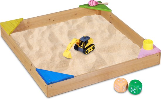 Relaxdays zandbak met zitjes - houten kinderzandbak tuin - buiten - vierkant - peuter
