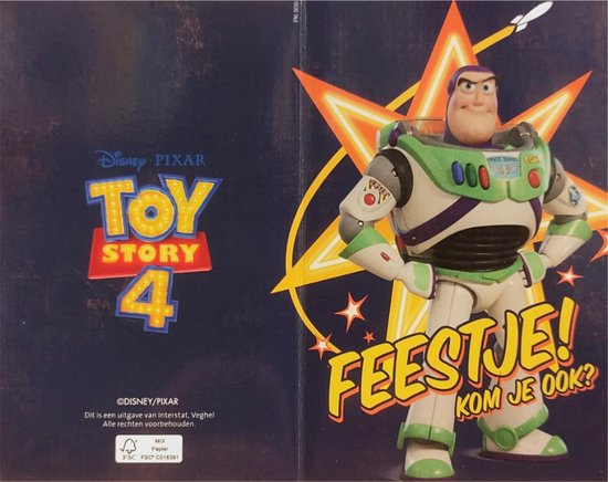 Invitation Toy Story 4 avec Buzz L'Éclair sur le devant et le logo Disney Pixar.