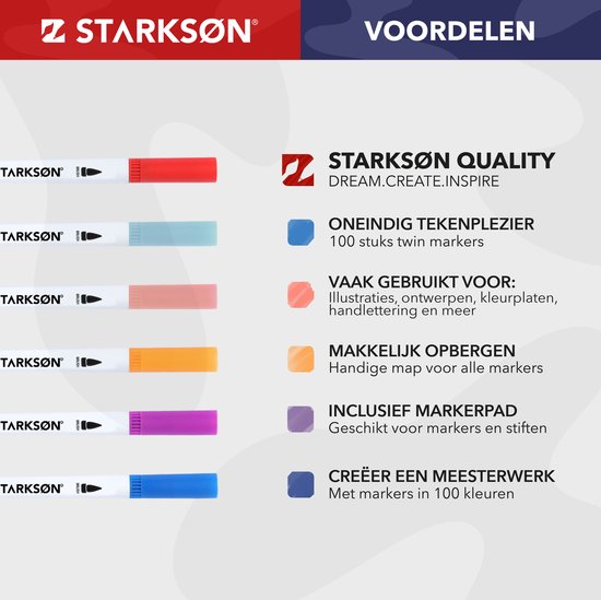 Vijf markers met kleurenbalkjes, met 'STARKSØN' logo en tekst over voordelen zoals 'ONEINDIG TEKENPLEZIER'.