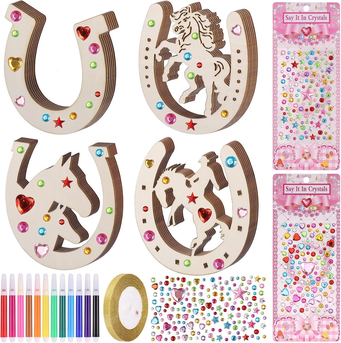 Hout, houten schijven, voor kinderverjaardag, met aquarelstift, glitterband en sticker, knutselen voor kinderfeest, verjaardagsdecoratie