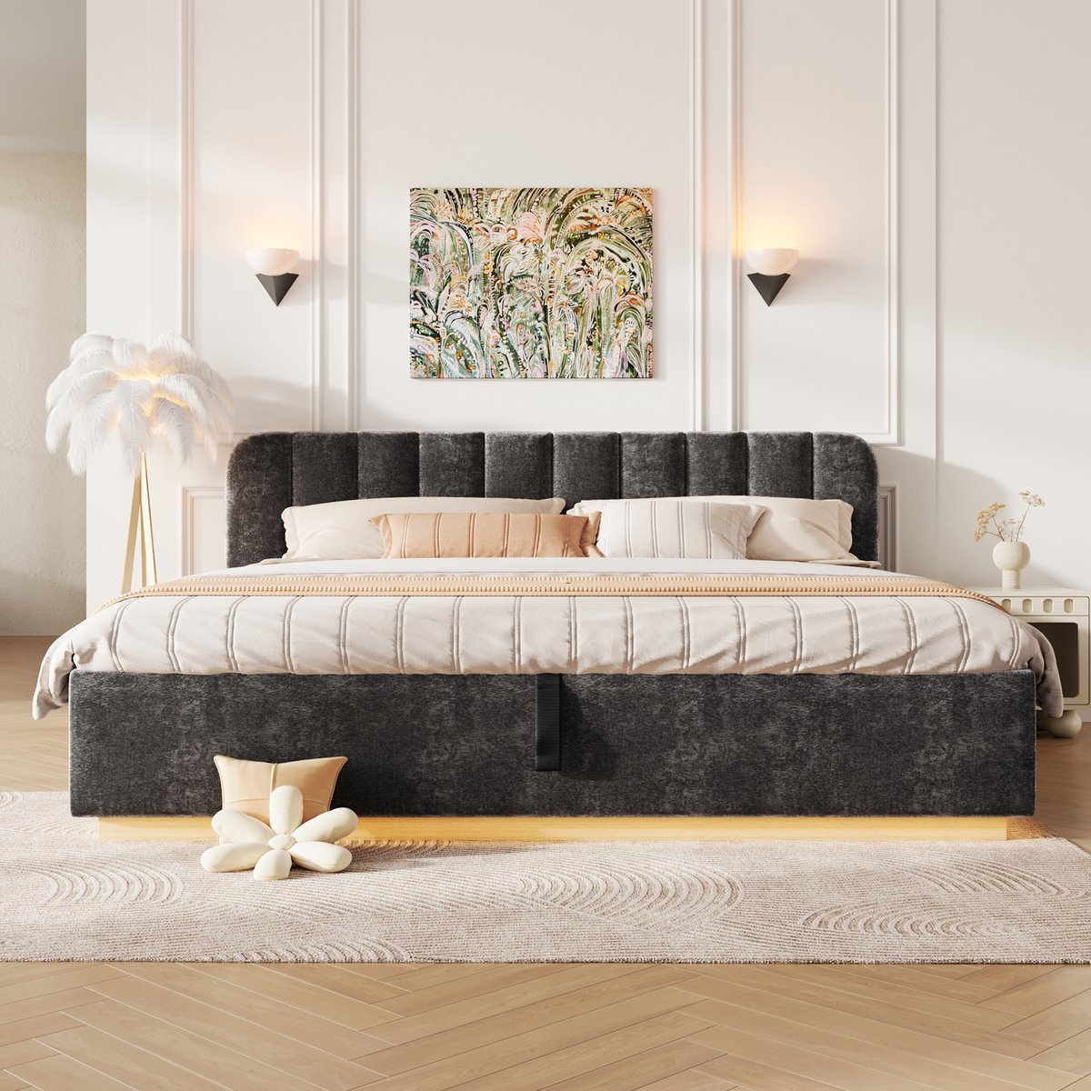 Merax Gestoffeerd bed 180 x 200 cm - met bedframe en hoofdeinde - met opbergruimte - met LED-verlichting - donkergrijs - zonder matras
