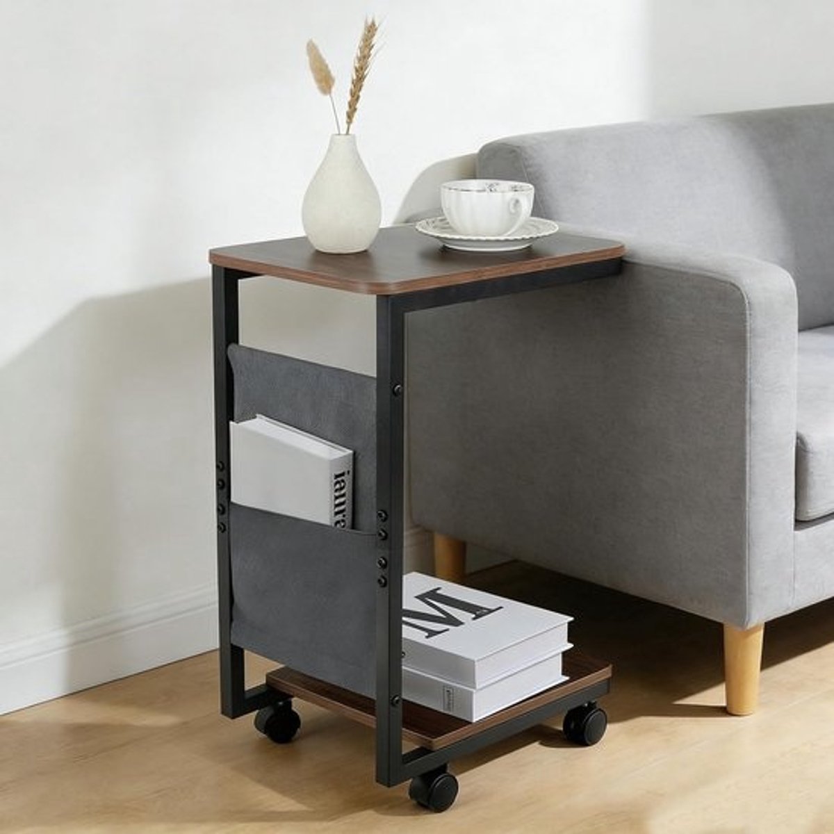 C-vormige bijzettafel met wielen - Houten sofa tafel voor kleine ruimtes