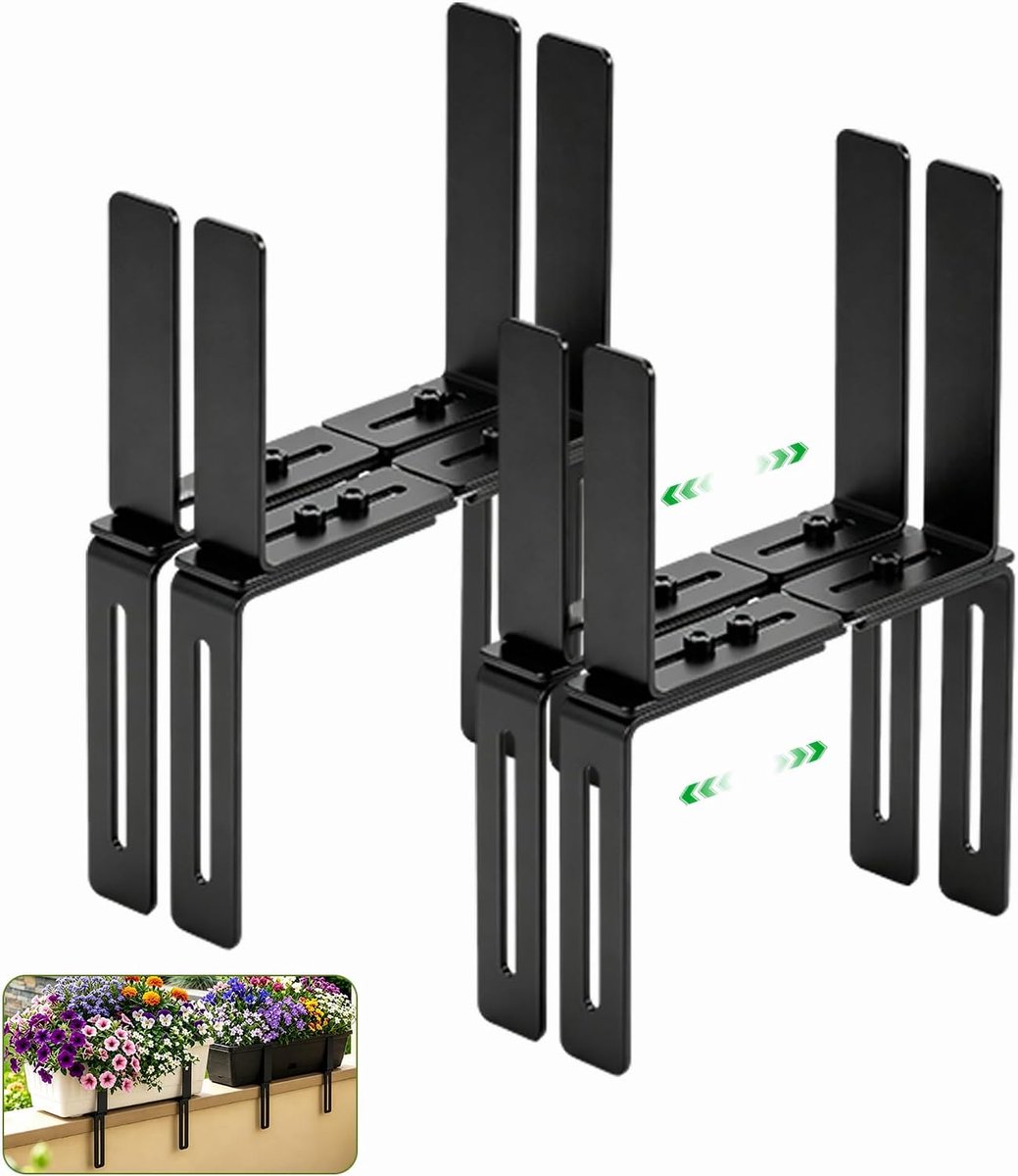 4 stuks H-vormige balkonbakhouder, boren vrij, roestvrij, draagbaar, winddicht, balkonbakhouder, 2-voudig verstelbaar, voor bloembakken 16-27 cm breed en leuningen 1,5-40 cm dik
