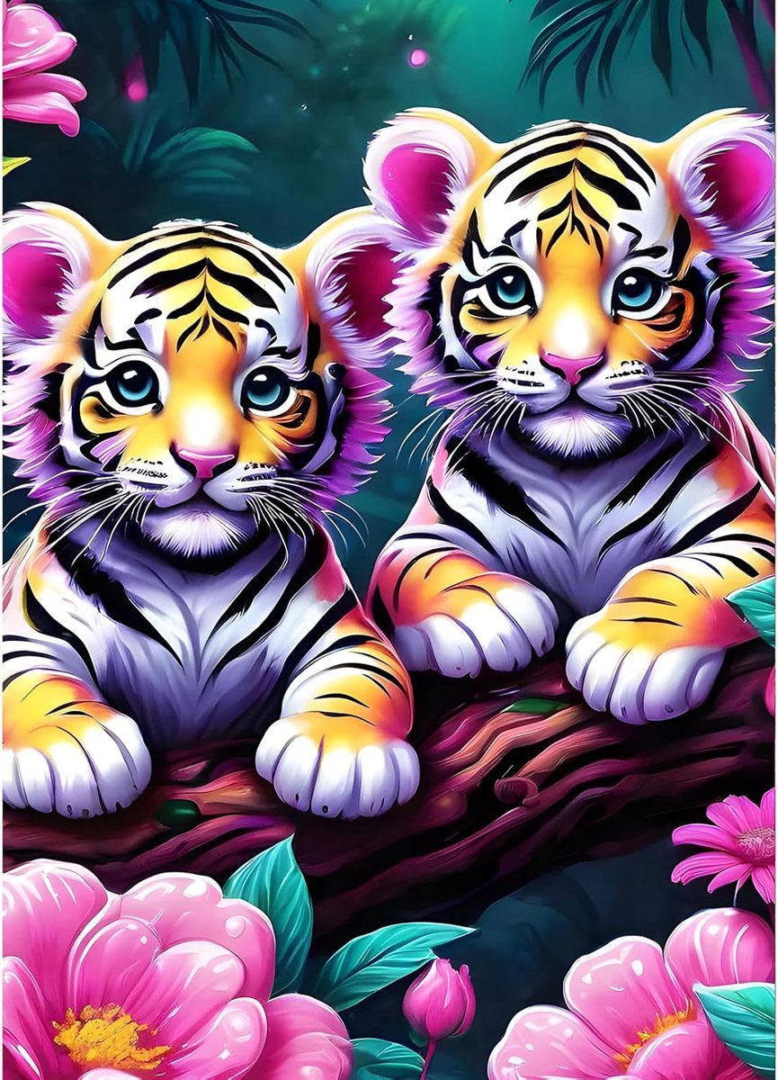 Twee tijgers diamond painting kits volwassenen, 5D tijgerpaar diamant kunst foto's beginners, doe-het-zelf ronde volledige boor roze bloemen diamanten kunst schilderij borduurwerk huis muur