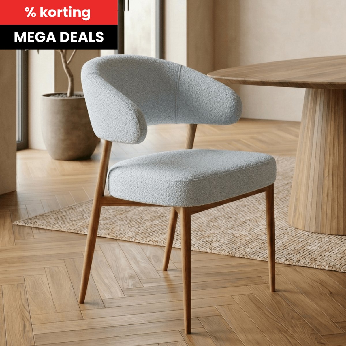 Eetkamerstoel Japandi Nobu Beige met eik onderstel Mahom