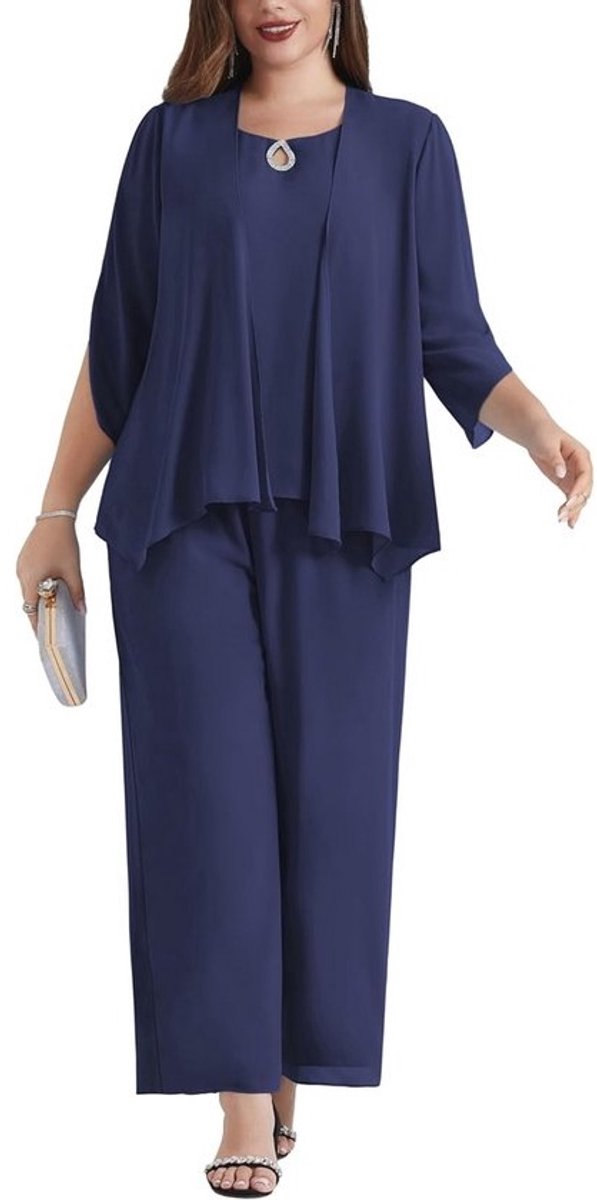 Dames grote maten chiffon avondpak sets voor cocktailparty en feesten - 3-delige set met shirt en hoge taille broekpak, Donkerblauw, 50