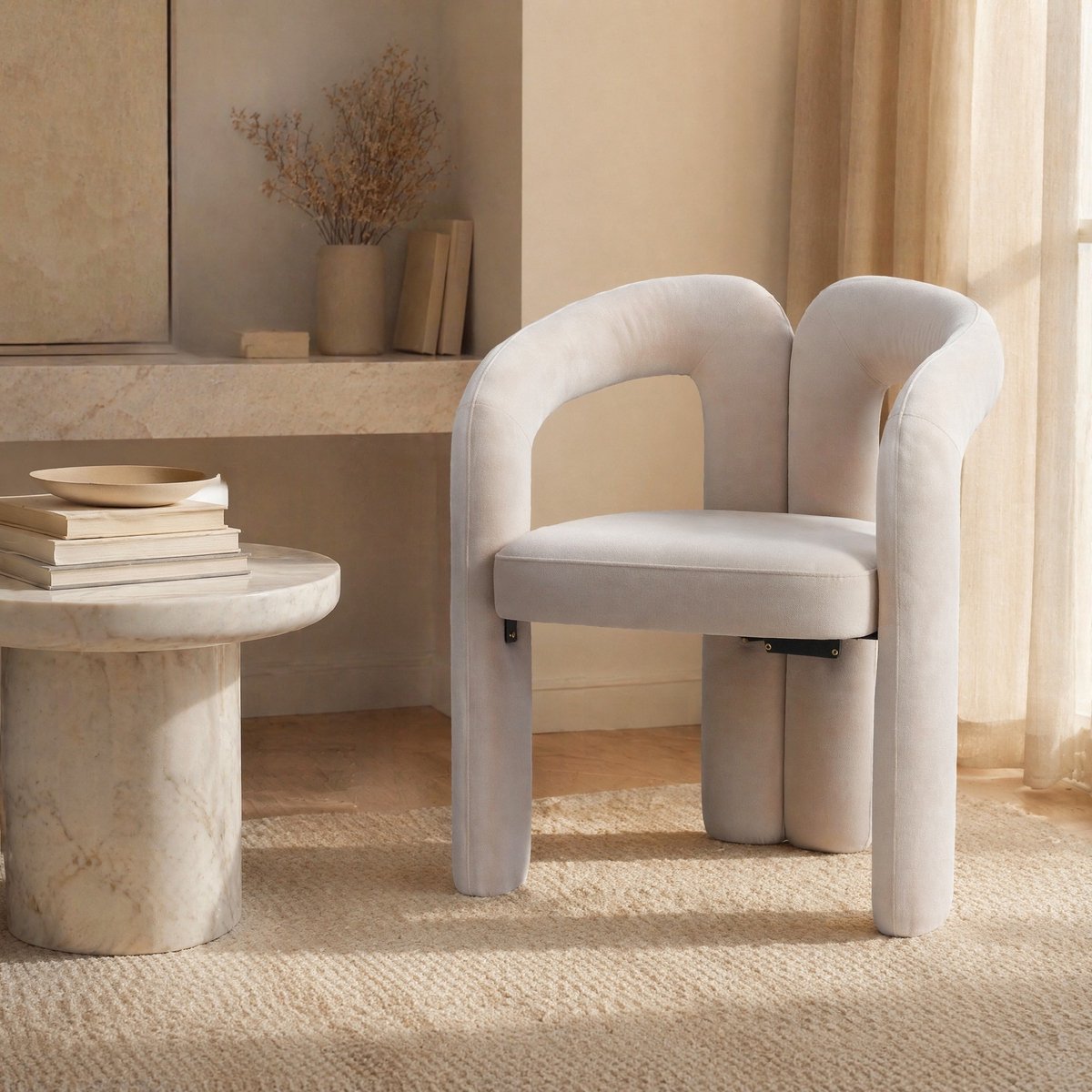 MEUNIQ Set van 2 beige velvet kuipstoelen 64 x 50,5 x 71 cm met armleuningen en gewatteerde zitting voor eetkamer, woonkamer of thuiskantoor