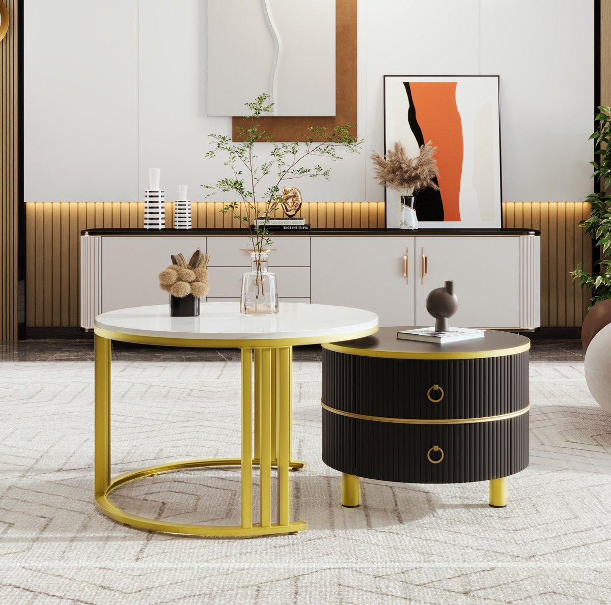 MEUNIQ 2-delige ronde salontafelset met 2 lades, hoogglans en wit marmerlook blad, 70 x 70 x 46 en 50 x 50 x 40 cm, zwart goud