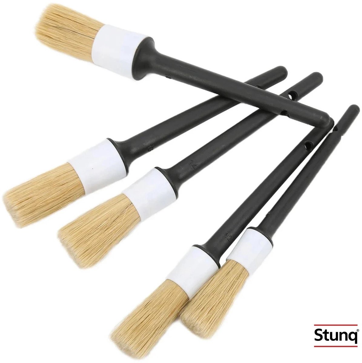 Stunq® 5-delige autodetailleringsborstelset – zachte natuurharen kwastjes voor interieur, wielen en grille