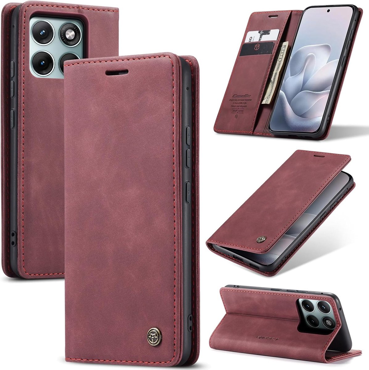 Hoesje voor Motorola Edge 70 Fusion 5G, magnetische Flip case, opvouwbaar standfunctie Cover beschermhoes met kaartsleuf en portemonnee, leren hoes voor Motorola Edge 70 Fusion, Wijnrood