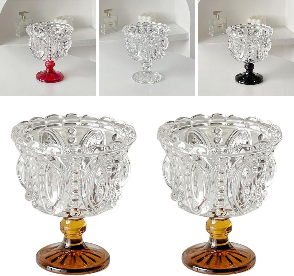 Set van 2 Gegraveerde Kristallen Dessertglazen - Amber Voetgoblet voor IJs, Snoep en Toetjes, 250ml, 12cm x 10cm, Vrij van Lood