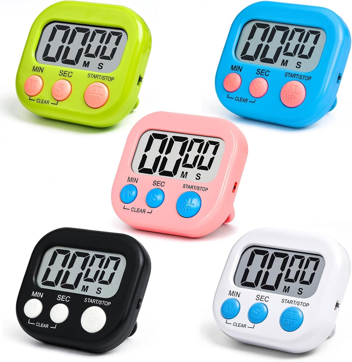 Timer, 5 stuks, magnetische stopwatch, keukentimer, keukentimer met groot lcd-display, aftelklok, geheugenfunctie voor kantoor, koken, sport, klaslokaal