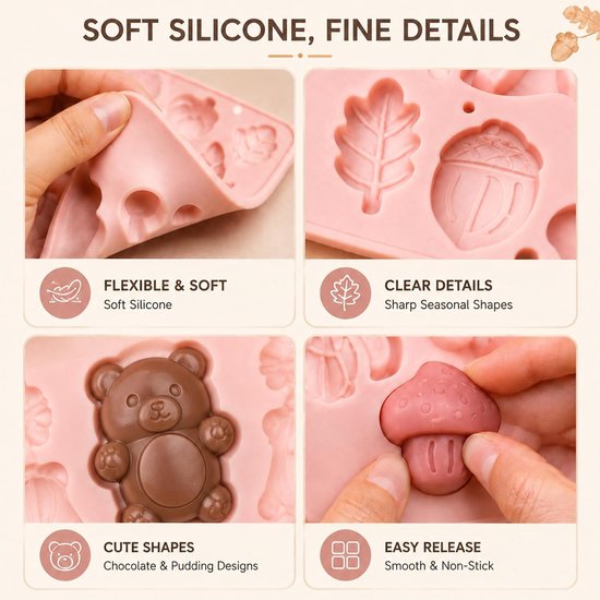 Mallen, 6 motieven: eekhoorn, hert, , paddenstoel, blad, pompoen, gietvorm voor cake, chocolade, zeep, ijs, multifunctioneel, herbruikbaar, robuust — afbeelding 2