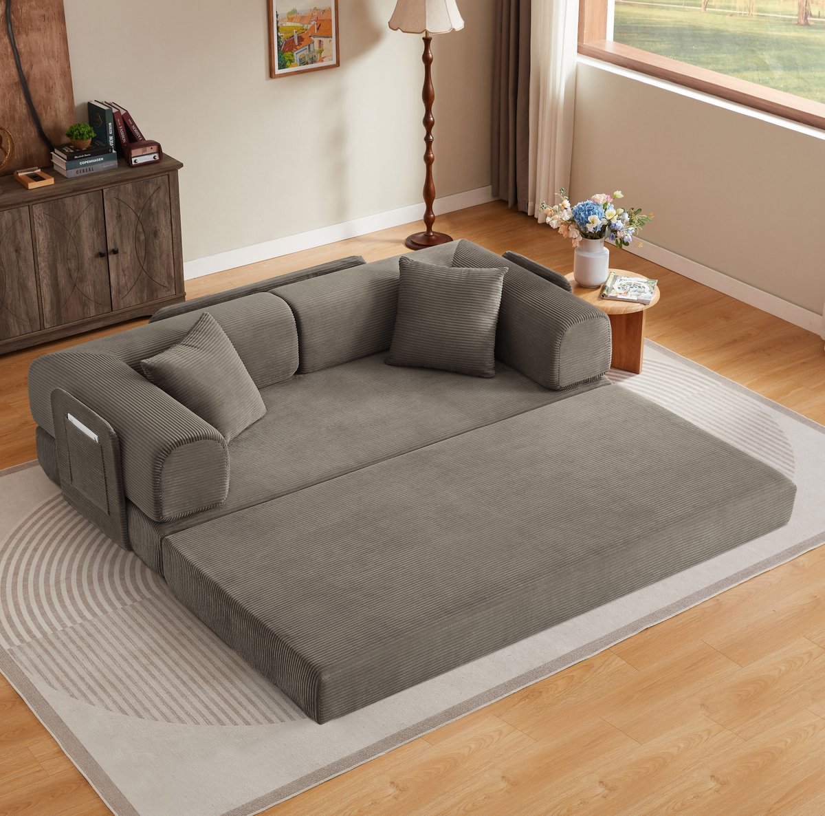MODENUIT Slaapbank 204 x 97 cm - Uitklapbaar Tot Bed - 3-Zits Woonkamer - Ribfluweel Koudschuim Taupe