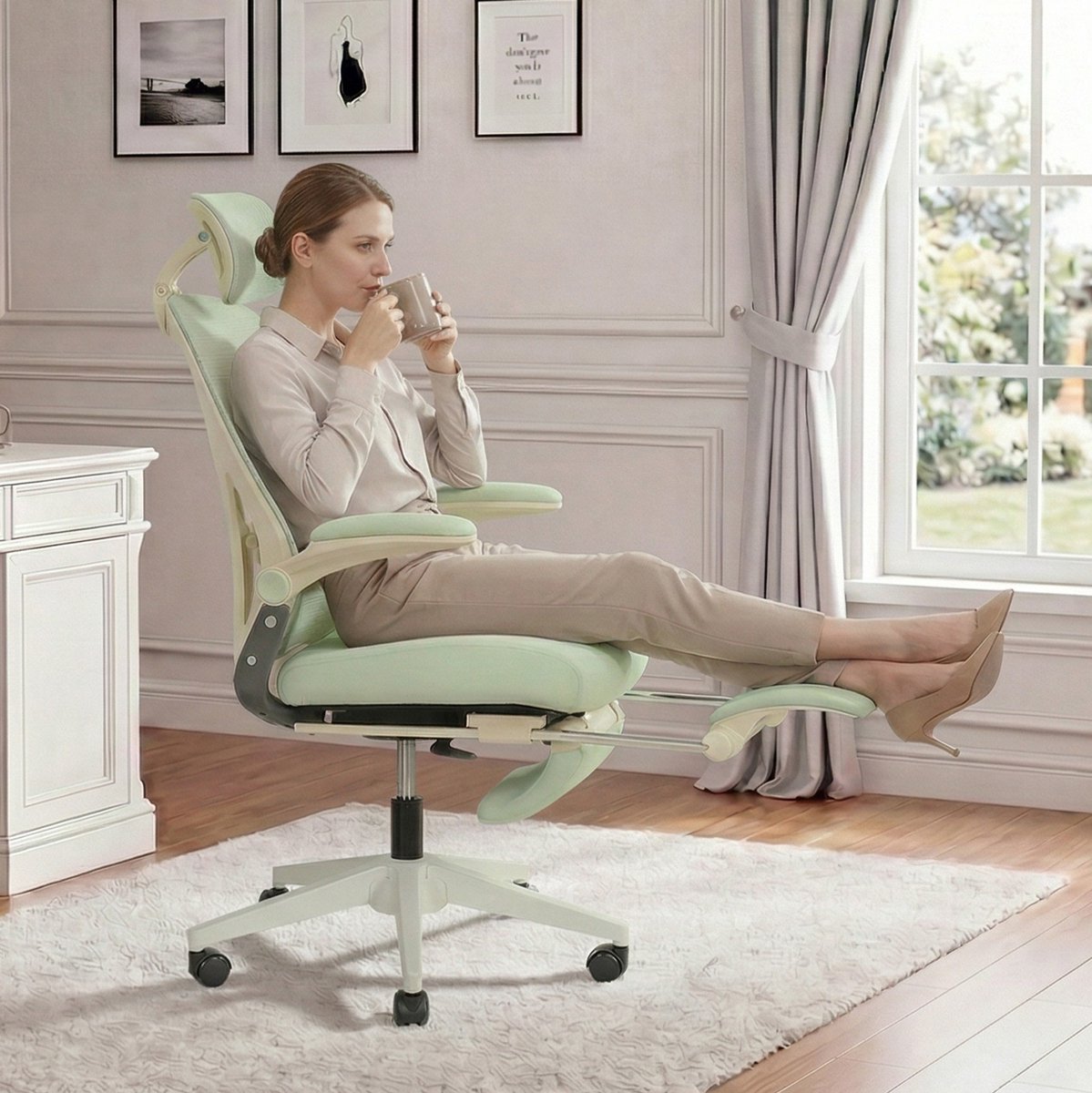 MODENUIT Bureaustoel 129 bij 67 cm - Ergonomisch Opklapbaar - Werk Studie en Spel - Gaasrugleuning - Groen