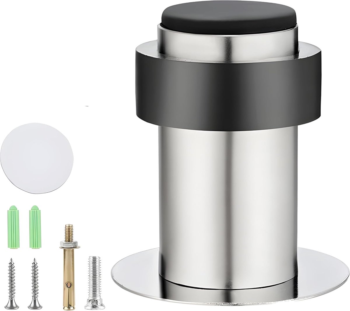 Deurstopper vloer roestvrij staal, zelfklevende deurstopper wandmontage met rubberen buffer bevat bevestigingsmiddelen, wanddeurstopper voor bescherming van muur en meubels (46 mm)