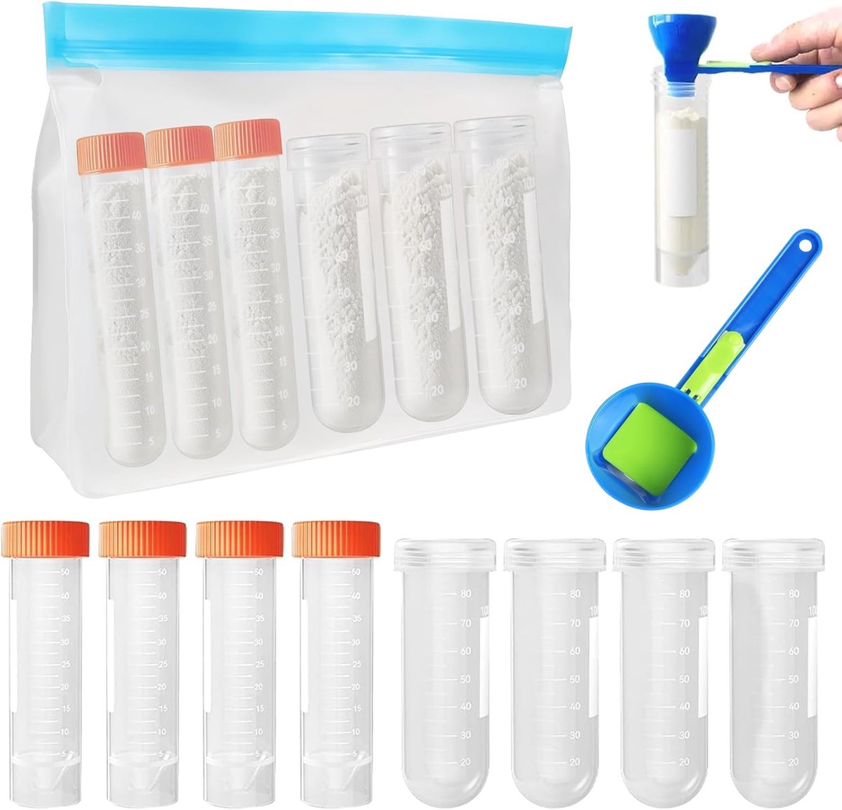 Poeder-portioneerset, eiwitpoeder om mee te nemen, poedercontainer, eiwitpoeder, reiscontainer, bevat 8 voorraadcontainers, 1 lepel, 1 draagtas, voor fitnessmensen
