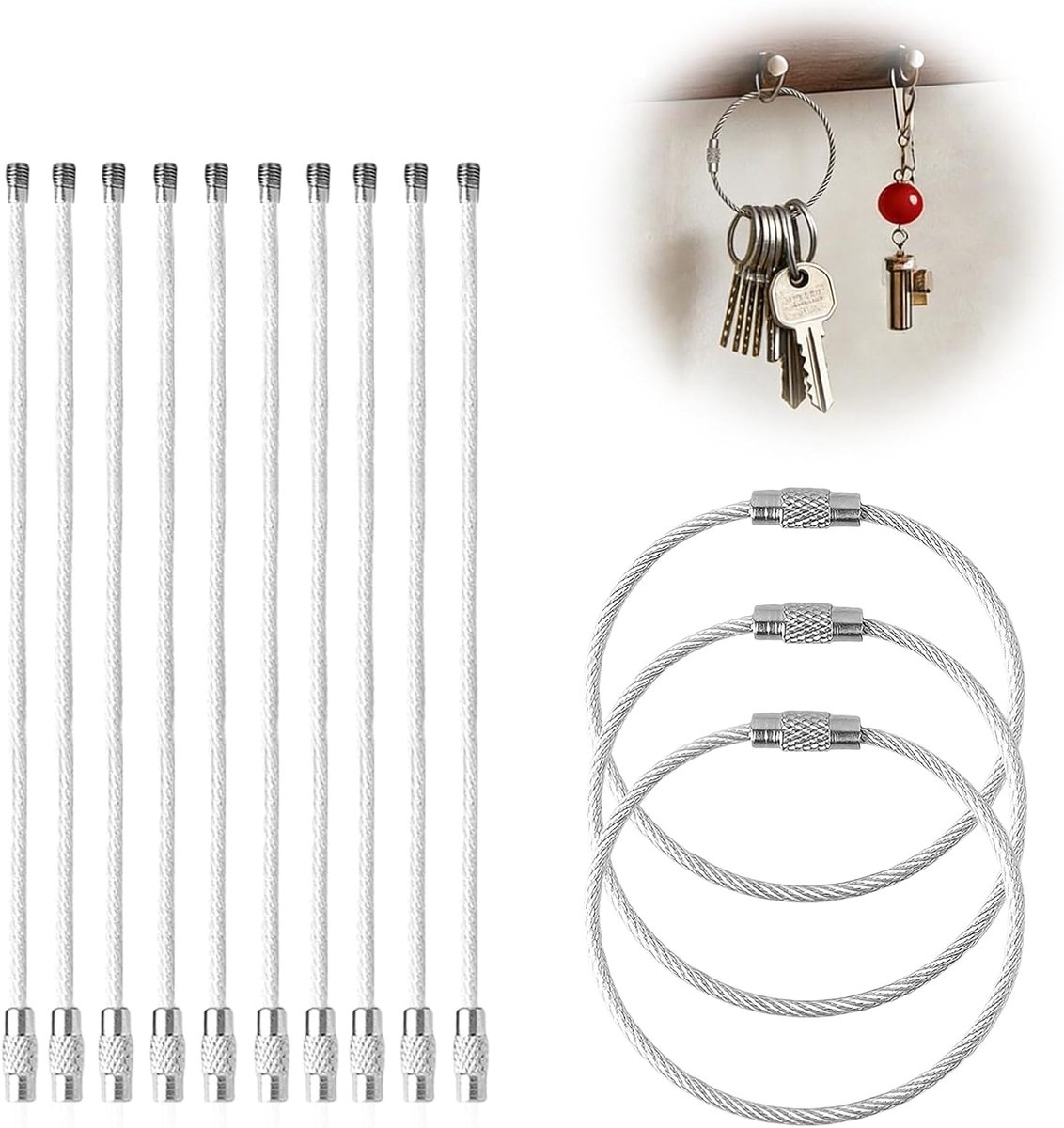 draadkabel, 50 stuks, zilver, met roestvrijstalen kern en koperen draaisluiting, flexibele draadhangers voor sleutels, gereedschap en dagelijks gebruik