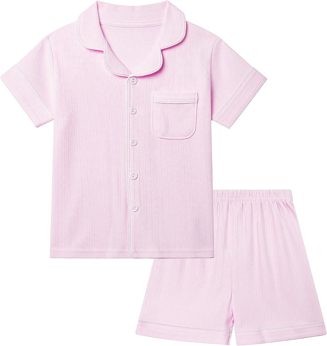NANU Katoenen pyjama voor kinderen, korte mouwen (110-158 cm), 2-delig, knoopsluiting, ademende meisjespyjama voor nacht en vrije tijd, effen kleuren