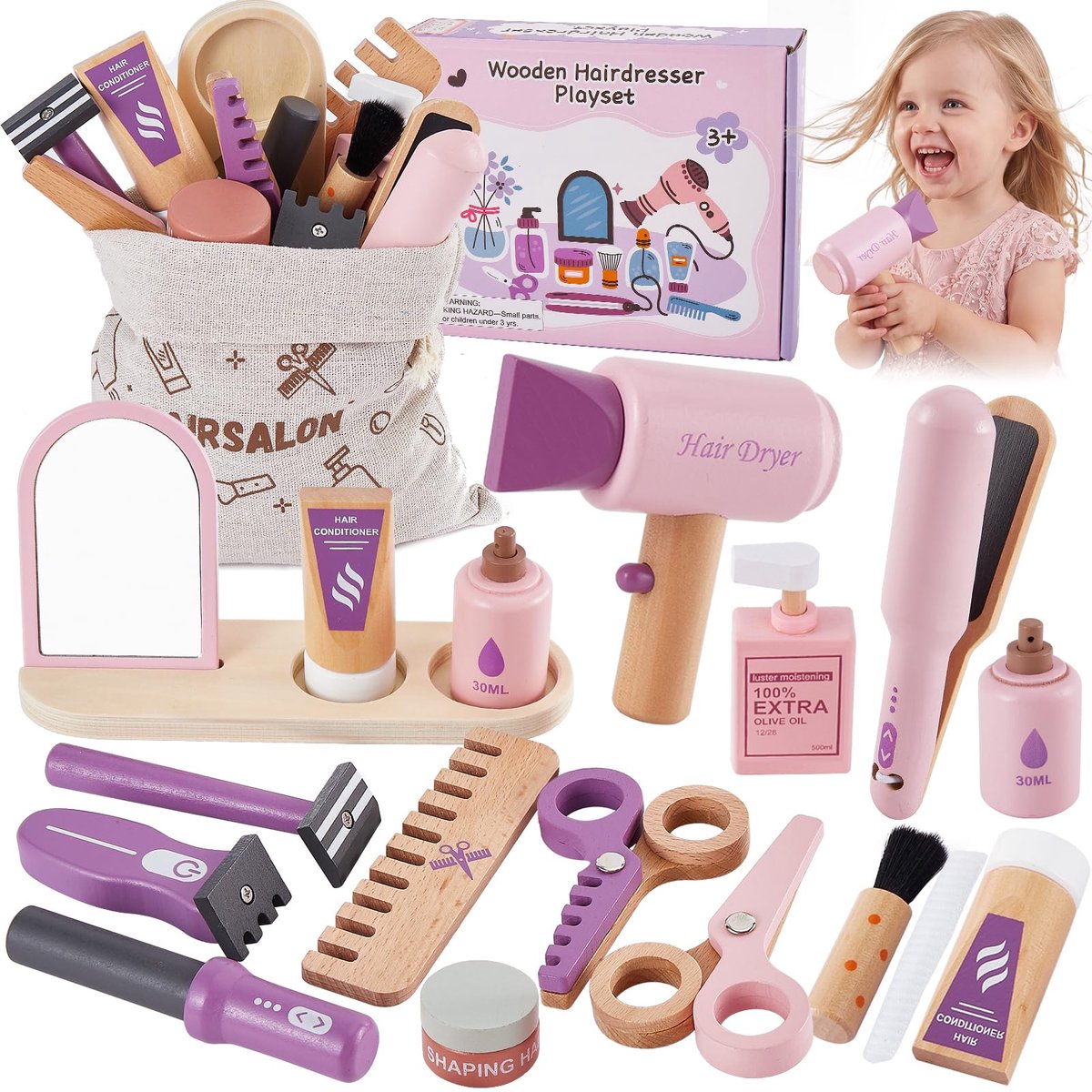 Houten kappersset voor kinderen - Rollenspel speelgoed - Make-up en hairstyling - ShopVlot