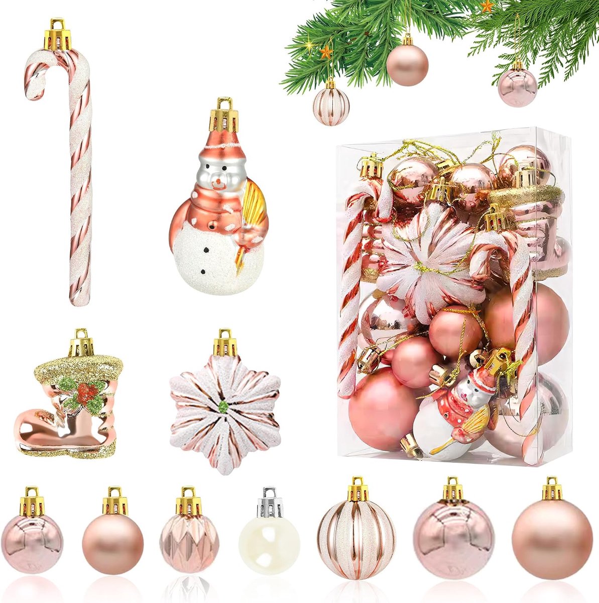Kerstballen, set van 34 stuks, kunststof, roségoud, kerstdecoratie ballen, 13/8/6/3 cm, kerstballen, plastic ballen, kerstboomversiering, kerstdecoratie