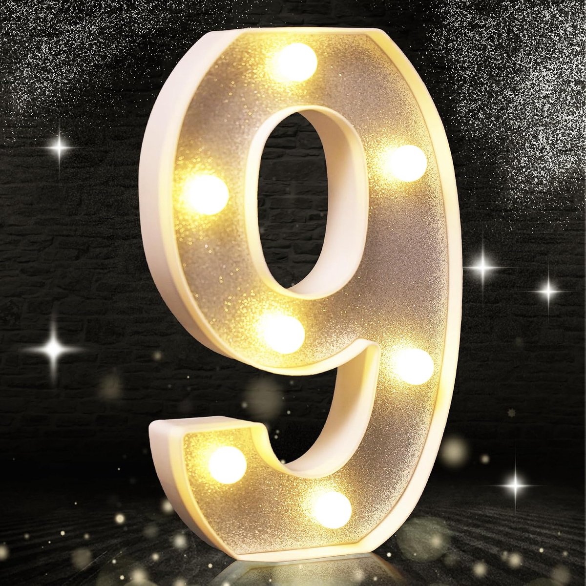 9 Led Licht, Zilver Glitter LED Licht, Glitter Nummer Verlichting, Geschikt voor Verjaardagsfeestdecoratie, Babyshower, Bruiloft Achtergrond Woondecoratie, 20,5 cm Zilver Nummer 9 (Warm Wit)